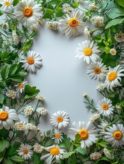 Fototapeta premium Beautiful arrangement of fresh white daisies and vibrant green leaves framing a blank space, perfect for creative designs, invitations, or greeting cards.