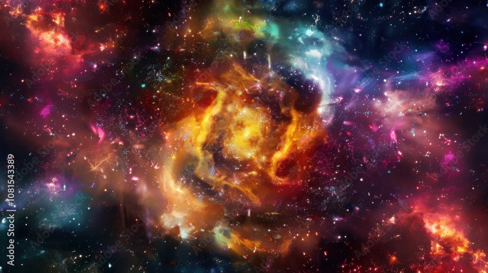 Poster an abstract image of a vibrant, swirling galaxy composed of different colored stars and cosmic eleme
