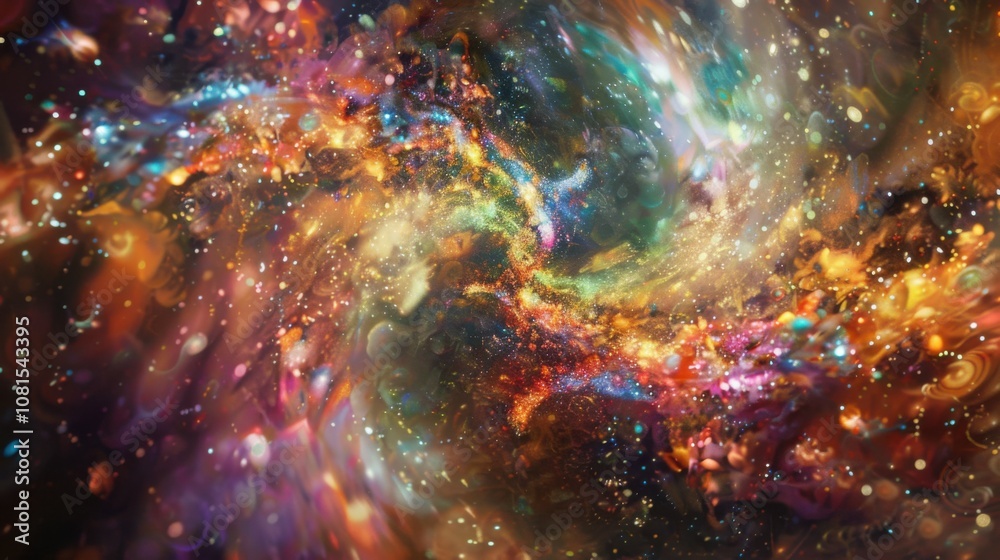 Poster an abstract image of a vibrant, swirling galaxy composed of different colored stars and cosmic eleme