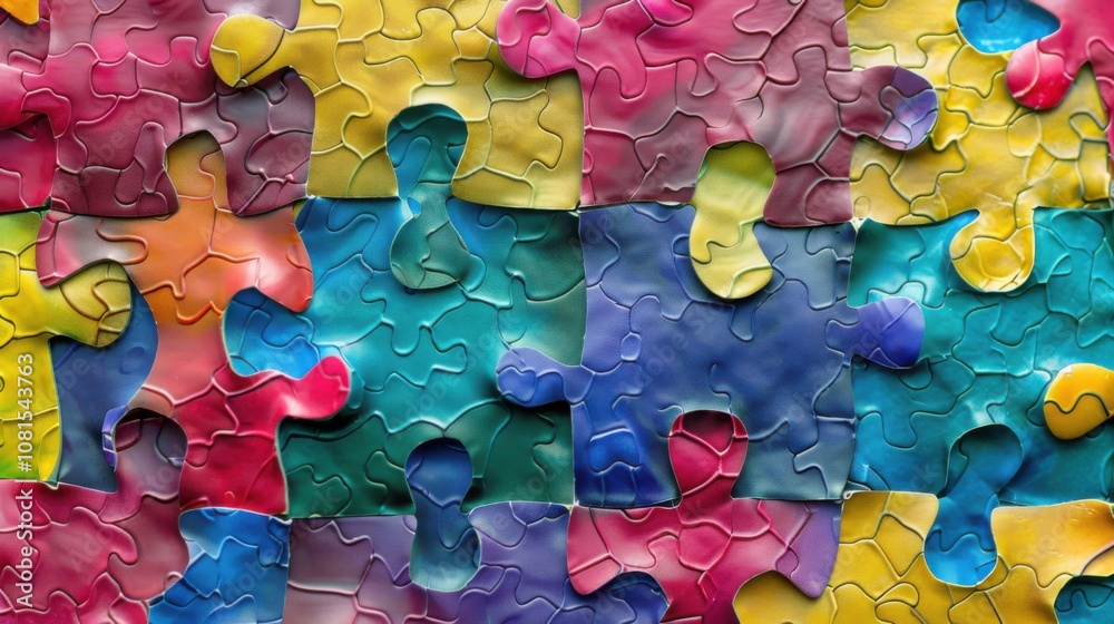 Poster An abstract pattern of interlocking puzzle pieces in vibrant colors against a monochromatic background, Representing integration and unity, photography style