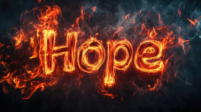 Fiery "Hope" text ablaze against dark, smoky background