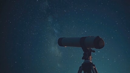 Telescope pointed at starry night sky, capturing beauty of cosmos