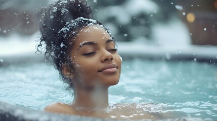Obraz premium Beautiful young Black woman in outdoor hot tub, snow falling gently, steamy atmosphere, peaceful winter day, Hot tub in winter, Relaxation and serenity