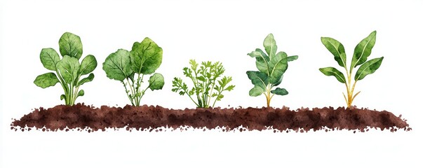 Economic Growth and Climate Change concept. This image depicts a row of various young plants growing in rich soil, showcasing different leafy greens.