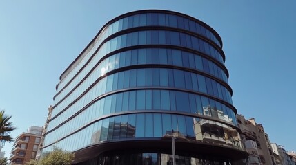 Obraz premium Modern building with curved glass facade reflecting sky. Contemporary architectural design against a clear blue backdrop