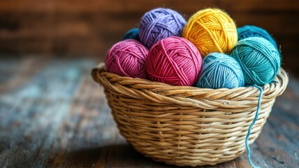 Colorful yarn balls in wicker basket on wooden table