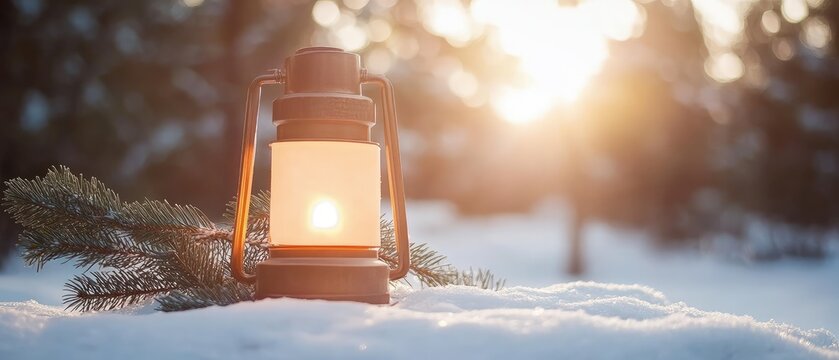 A lantern glowing softly in the snow with a pine tree in the background, set against the warm colors of a dawn or sunset sky, ideal for holiday marketing materials, greeting cards, and seasonal ads