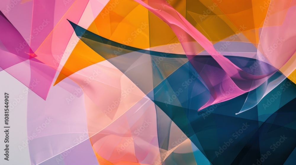 Poster An abstract pattern of overlapping transparent layers in vibrant colors against a neutral backdrop, Representing transparency and diversity, photography style