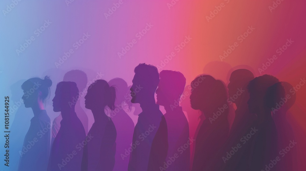 Poster an abstract representation of a diverse group of silhouettes standing together against a gradient ba