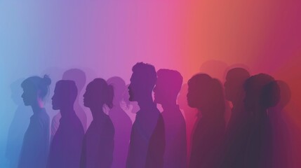 An abstract representation of a diverse group of silhouettes standing together against a gradient background, Illustrating teamwork and inclusion, photography style