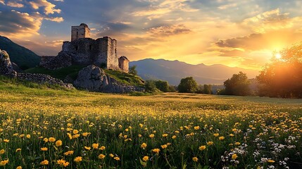 Sunset over a medieval castle ruins in a field of flowers with mountains in the background
