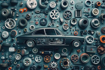 Obraz premium Mechanical Parts in an Industrial Design with Metal and Golden Components