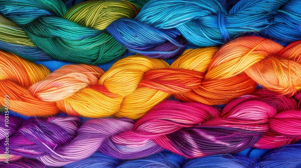 Poster An abstract representation of diverse colored threads weaving into a cohesive fabric against a seamless backdrop, Illustrating collaboration and diversity, photography style