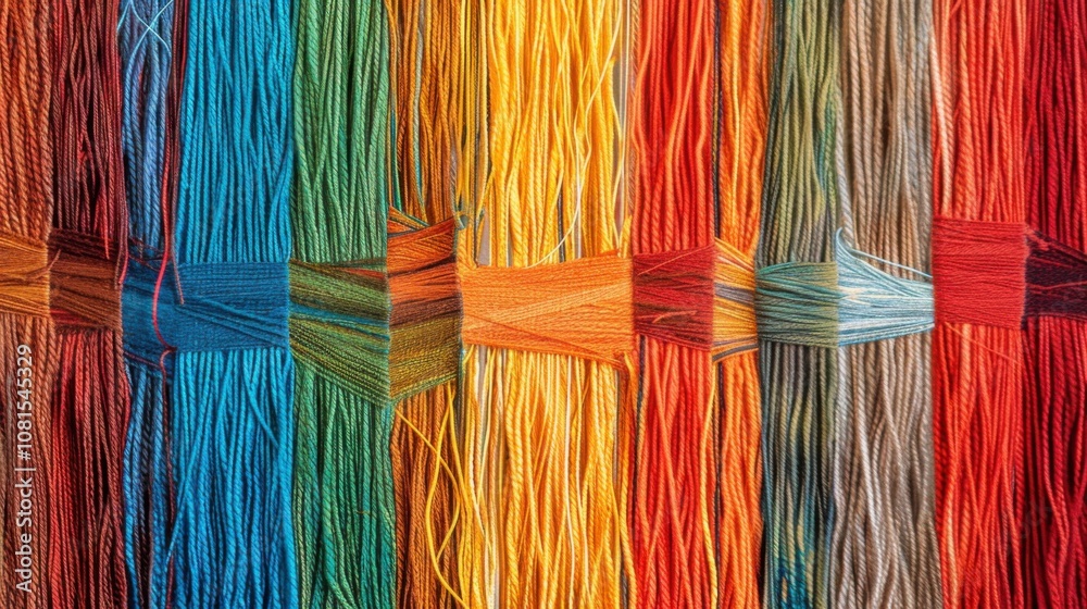 Poster An abstract representation of diverse colored threads weaving into a cohesive fabric against a seamless backdrop, Illustrating collaboration and diversity, photography style