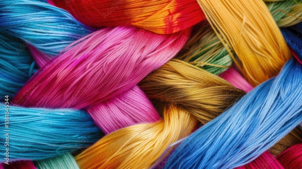 Aufkleber An abstract representation of diverse colored threads weaving into a cohesive fabric against a seamless backdrop, Illustrating collaboration and diversity, photography style