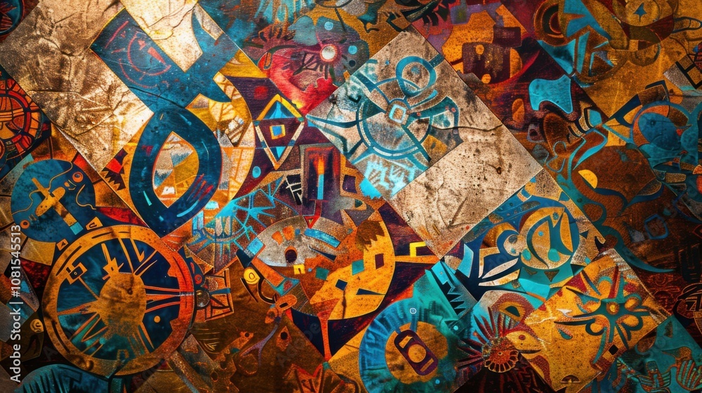 Poster an abstract representation of diverse cultural symbols interwoven into a cohesive pattern on a plain