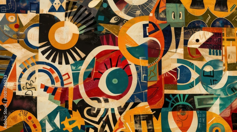 Poster an abstract representation of diverse cultural symbols interwoven into a cohesive pattern on a plain