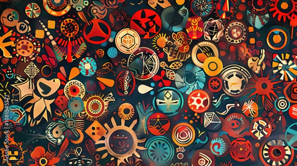 Poster an abstract representation of diverse cultural symbols interwoven into a cohesive pattern on a plain