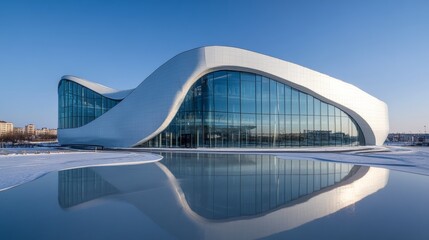 Modern building with curved glass facade reflecting sky. Contemporary architectural design against a clear blue backdrop