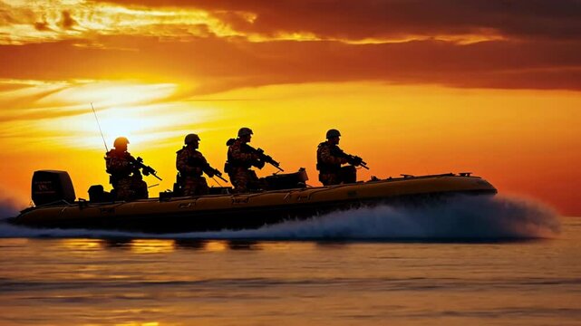 Boat and Sunset - Navy SEALs on a boat at sunset, with their forms standing strong against the golden sunlit ocean.