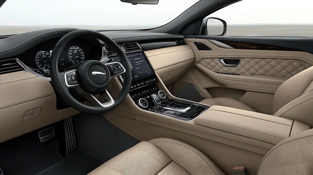 Modern car interior with beige leather seats and a sleek dashboard.