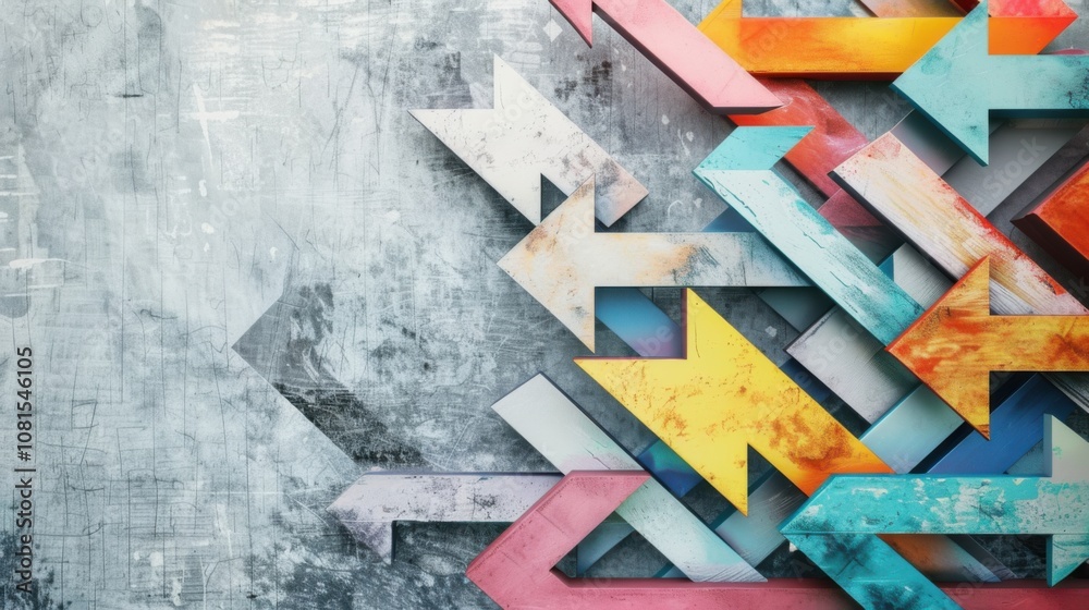 Poster An abstract representation of equitable progress, depicting a series of differently sized and colored arrows moving together towards a common goal