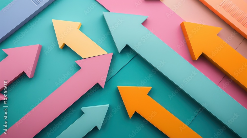 Poster An abstract representation of equitable progress, depicting a series of differently sized and colored arrows moving together towards a common goal