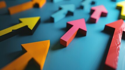 An abstract representation of equitable progress, depicting a series of differently sized and colored arrows moving together towards a common goal