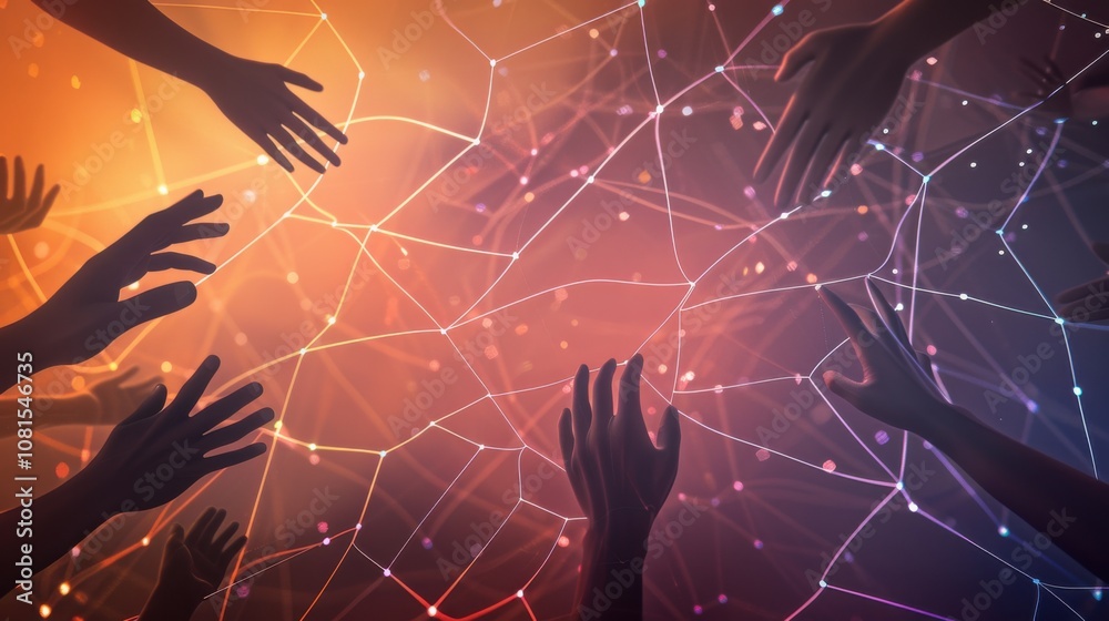 Poster An abstract representation of interconnectedness, featuring a web of diverse hands reaching out and connecting through glowing lines