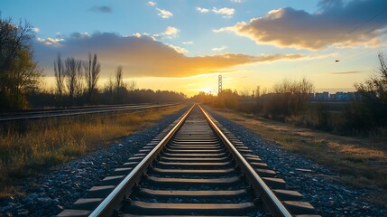 Obraz premium Straight Train Tracks Leading Towards Golden Sunset