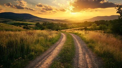 Fototapeta premium Country road leading through a golden field at sunset, with rolling hills in the background.