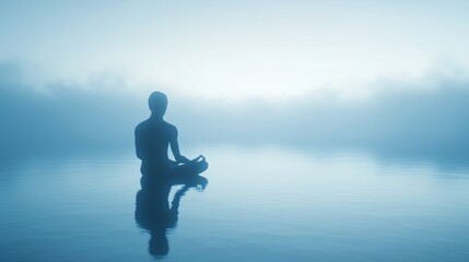 Obraz premium A serene figure meditates on still water, surrounded by a misty atmosphere.