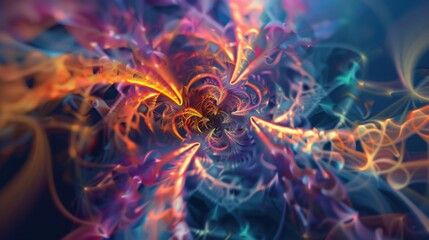 An abstract visual of a complex, multi-colored fractal pattern emerging from a single central point, Representing the expansion and richness of perspectives that arise from a unified core of diversity