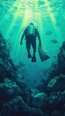 Obraz premium Diver cleaning up plastic pollution underwater ocean environmental action marine ecosystem upward perspective conservation awareness