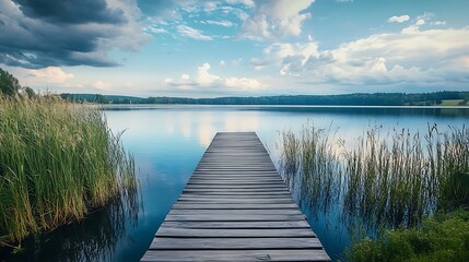 Fototapeta premium Wooden pier extending into calm lake water with lush green reeds in the foreground and a blue sky with clouds in the background