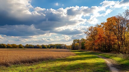 Autumn landscape with a dirt path through a field, forest and sky with clouds