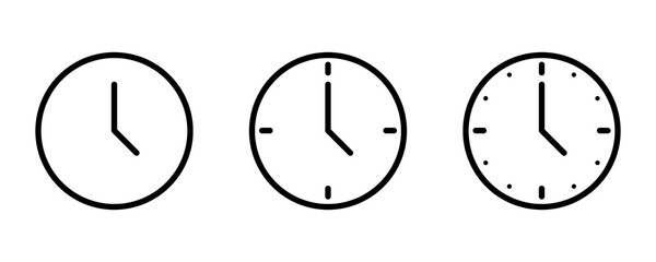 Wall clock icon set png, line art style. Simple round wall clock on transparent background