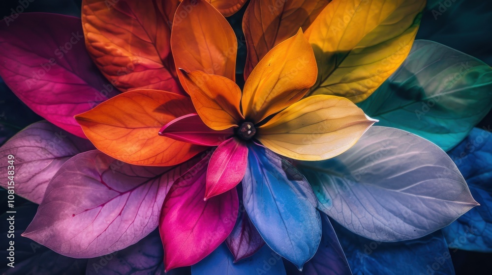 Poster an artistic representation of colorful petals of various shapes forming a unified flower against a s