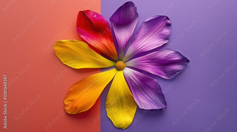 Poster an artistic representation of colorful petals of various shapes forming a unified flower against a s