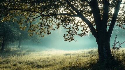 Fototapeta premium Mysterious and moody foggy forest with sun rays breaking through the branches