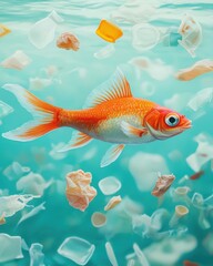 Fototapeta premium Impact of plastic pollution on marine life goldfish swimming amidst ocean waste underwater viewpoint environmental awareness