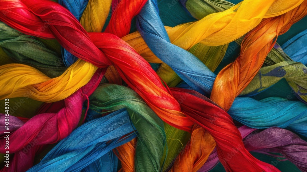 Poster an artistic representation of diverse colored threads intertwining into a cohesive fabric against a 