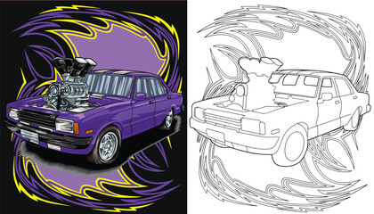 Outline purple and painted racing car. Isolated in black background, for t-shirt design, print. and for business purposes. © wendy