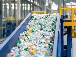 Recycling process of plastic waste industrial facility image of conveyor belt clean environment aerial view concept of plastic pollution management