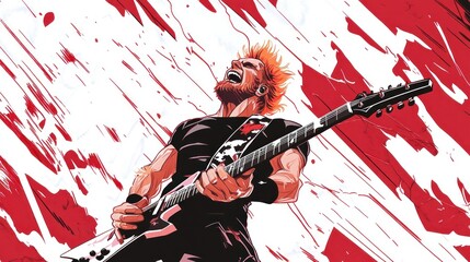 A dynamic illustration of a musician passionately playing electric guitar against a vibrant background.