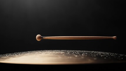 Close-up of drumstick poised above cymbal with scattered water droplets