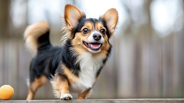 The Feist dog, a small and energetic breed known for their high prey drive, is seen in a playful stance in the backyard
