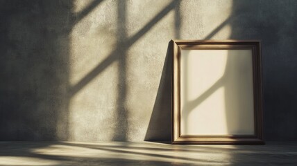 Empty wooden picture frame with sunlight and shadows on textured wall