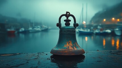 Old rusty bell in a foggy harbor at dusk.