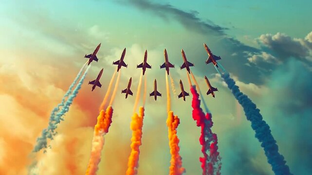 Bird eye view of a formation of fighter jets performing a synchronized aerial maneuver, leaving colored smoke trails in their wake